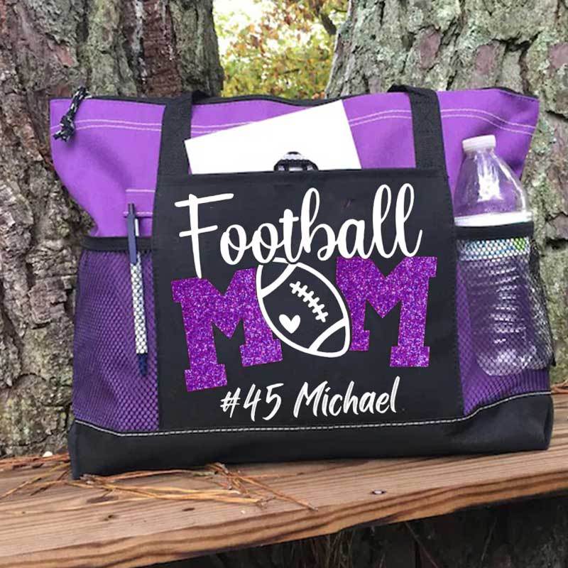 Personalized Football Mom Tote Bag with Name and Number