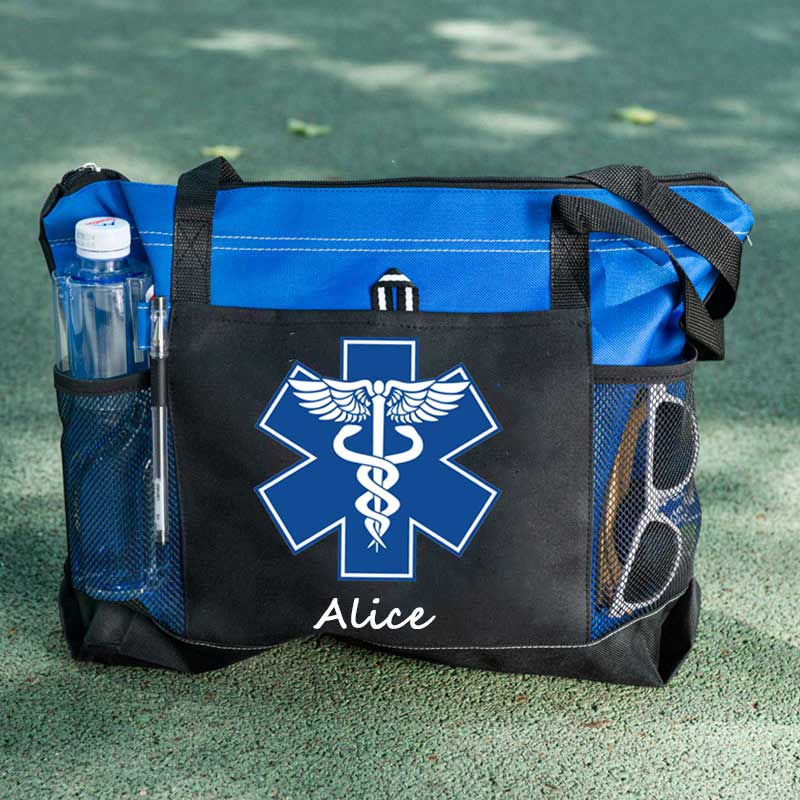 Custom EMT Health Care Caduceus Blue Medical Symbol Tote Bag