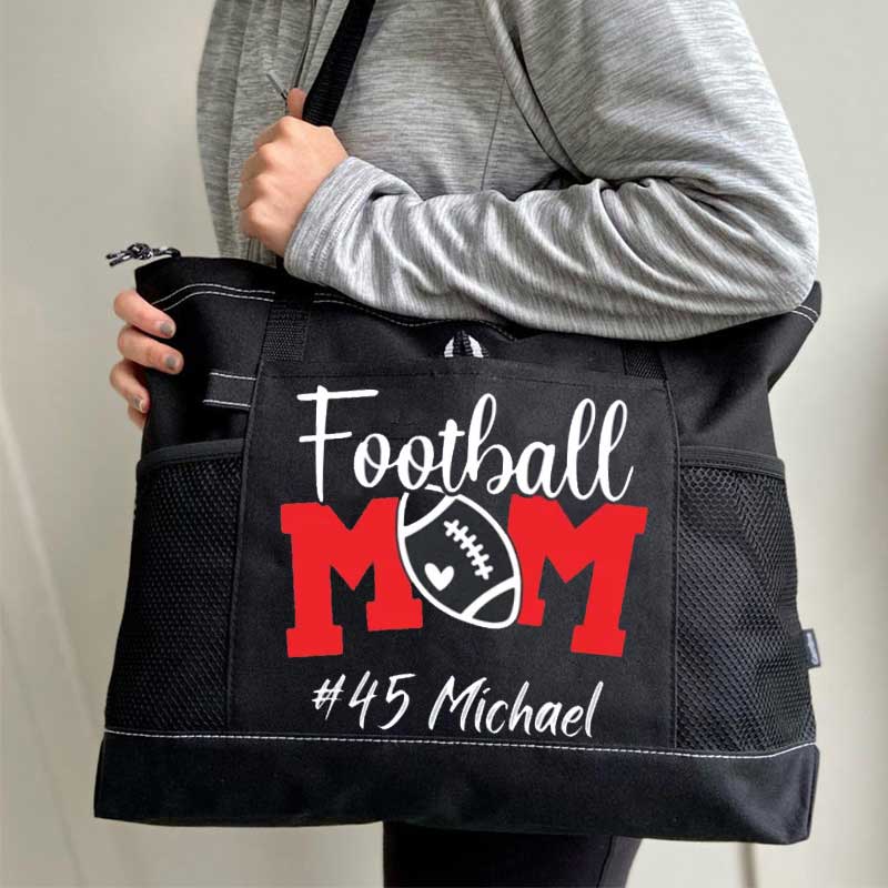 Personalized Football Mom Tote Bag with Name and Number