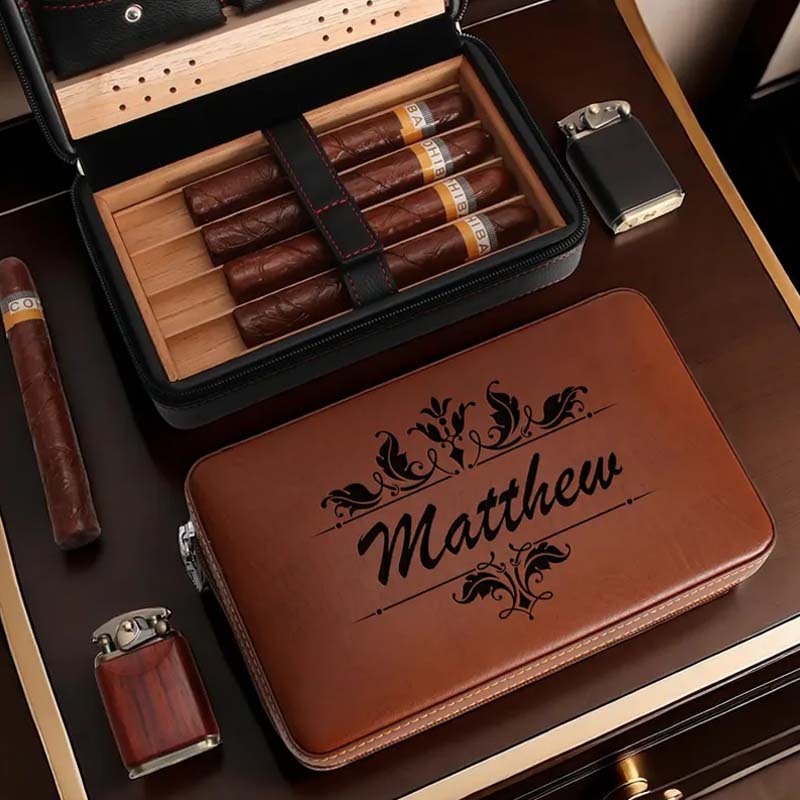 Personalized Travel Cigar Humidor Box with Cigar Cutter Leather Cigar Box