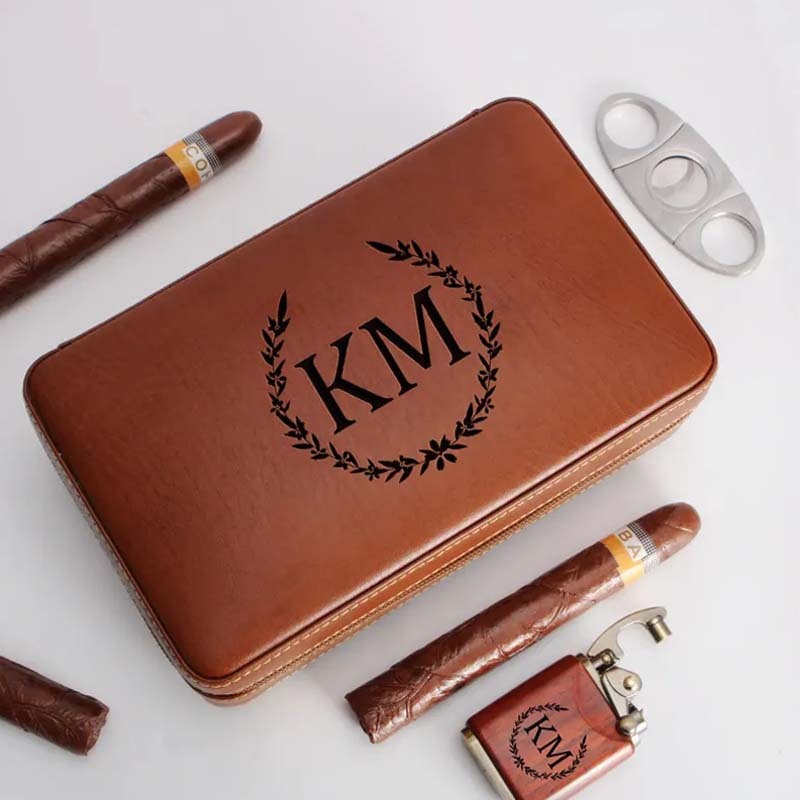 Personalized Travel Cigar Humidor Box with Cigar Cutter Leather Cigar Box