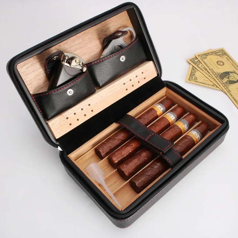 Personalized Travel Cigar Humidor Box with Cigar Cutter Leather Cigar Box