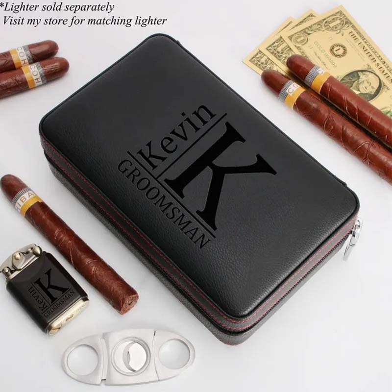 Personalized Travel Cigar Humidor Box with Cigar Cutter Leather Cigar Box