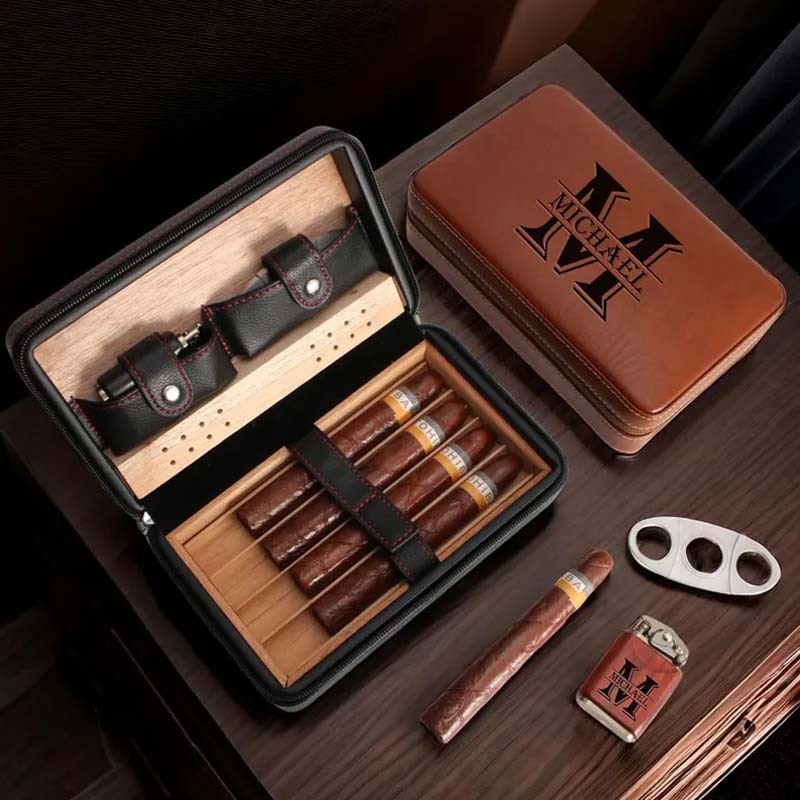 Personalized Travel Cigar Humidor Box with Cigar Cutter Leather Cigar Box