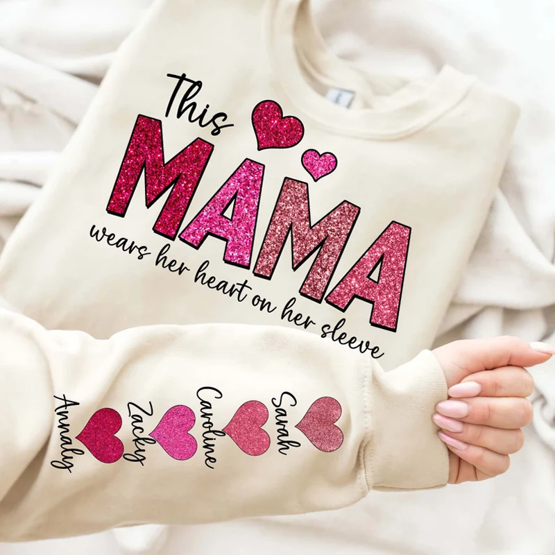 Custom This Mama Wears Her Heart On Her Sleeve, Personalized Valentine