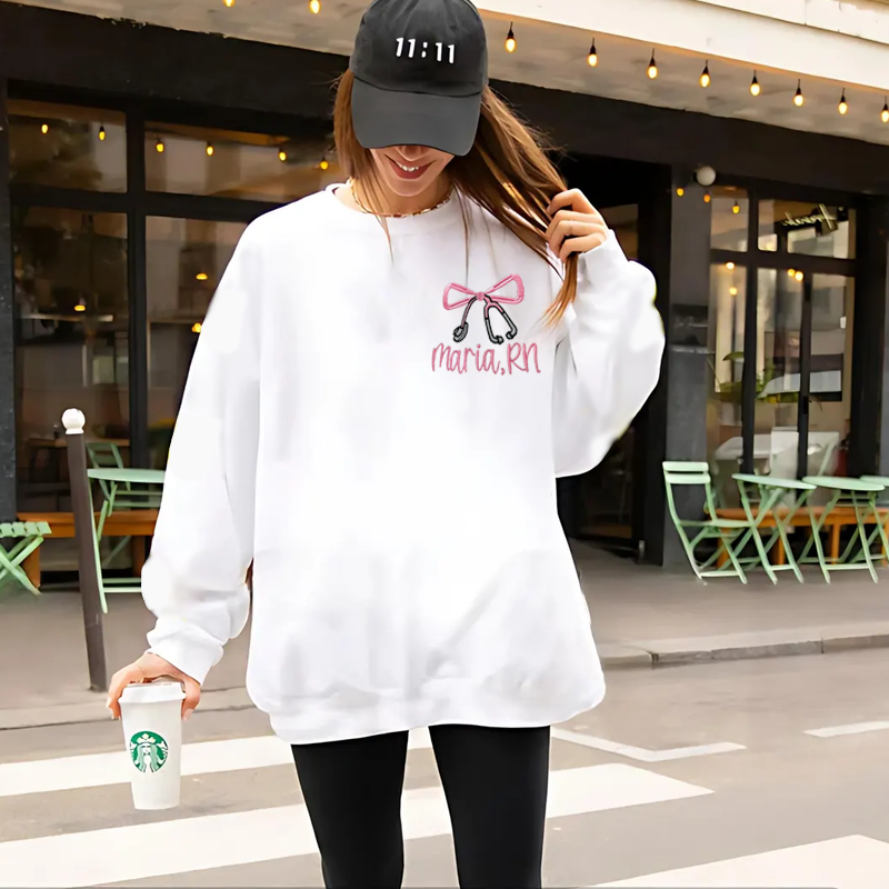 Embroidered Nurse Bow Sweatshirt Custom Crewneck Sweatshirt Nurse Gift