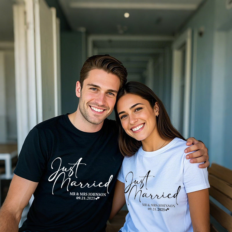 Just Married T-Shirt Personalized Husband and Wife Couples Honeymoon T-Shirt