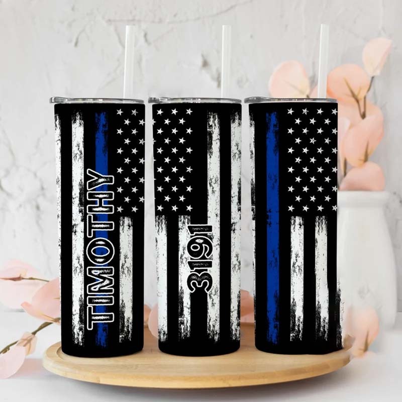 Personalized Police Tumbler Thin Blue Line Cup With Straw Police Travel Cup 20 oz Tumbler
