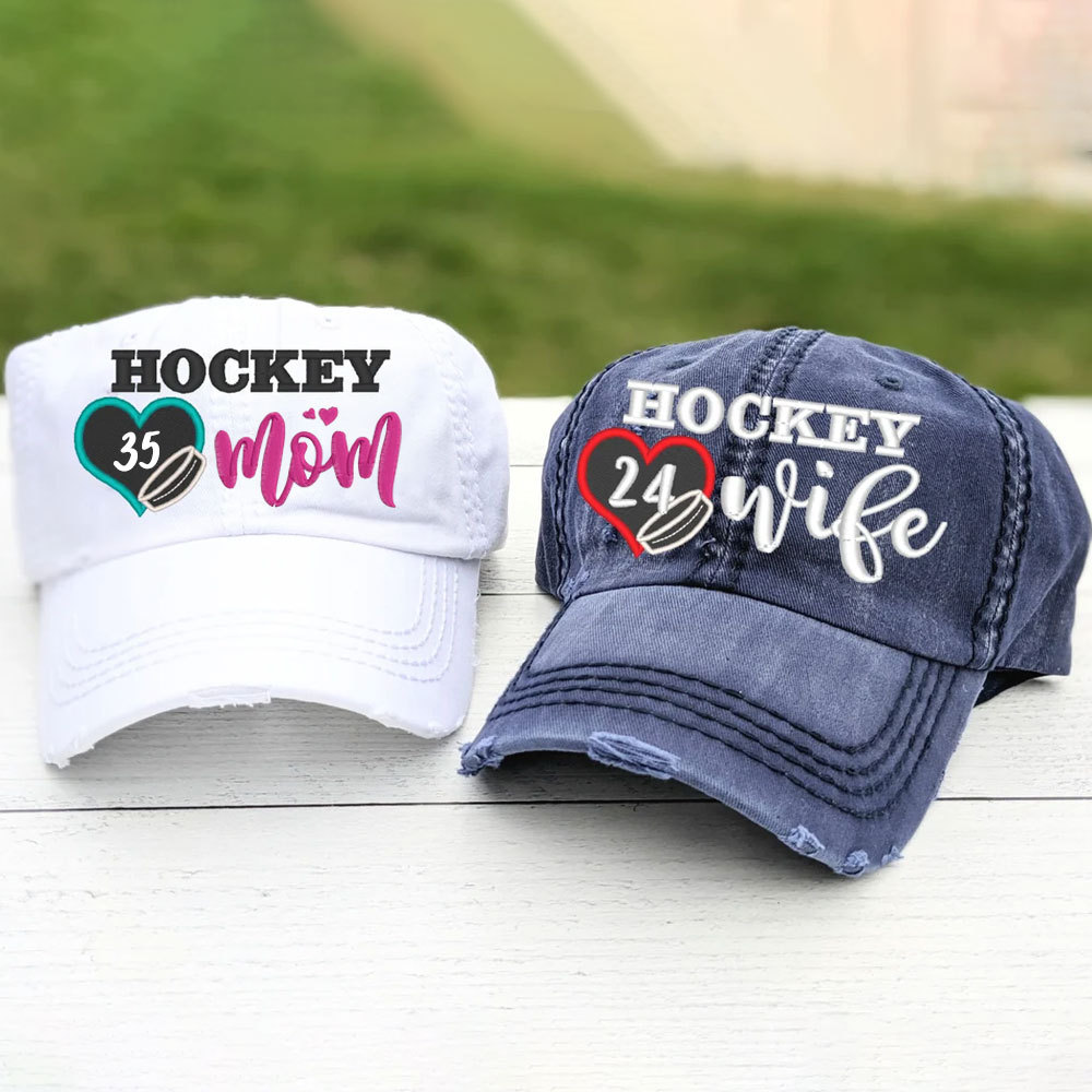 Embroidered Hockey Mom, Wife Hat with Player Jersey Number