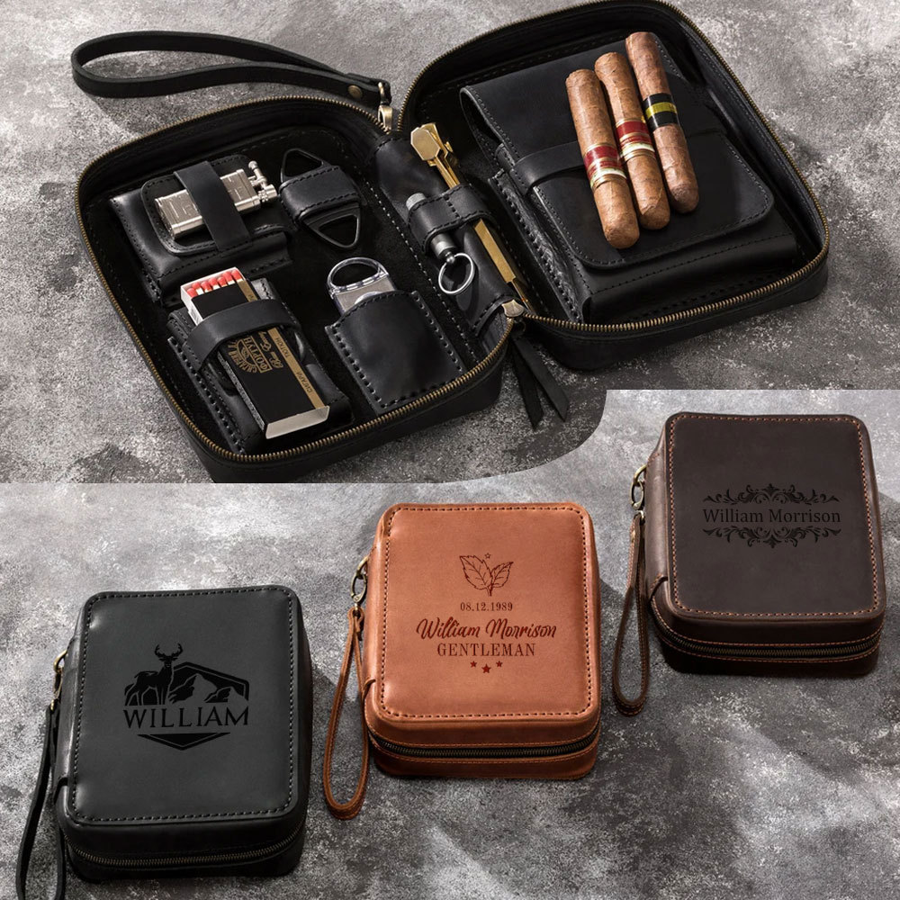 Personalized Leather Travel Cigar Case For Your Dad, Husband, Boyfriends, Brother