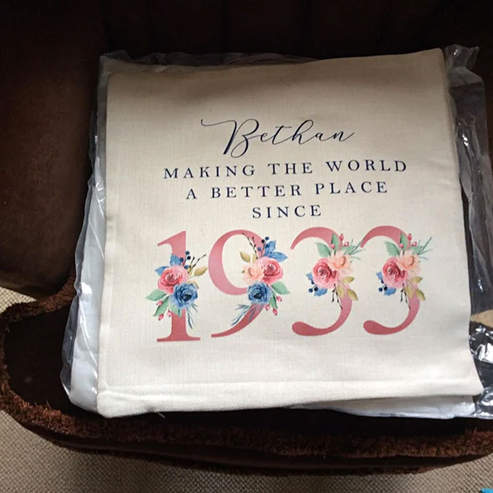 Custom 80th, 90th Birthday Cushion, Making the world a better...