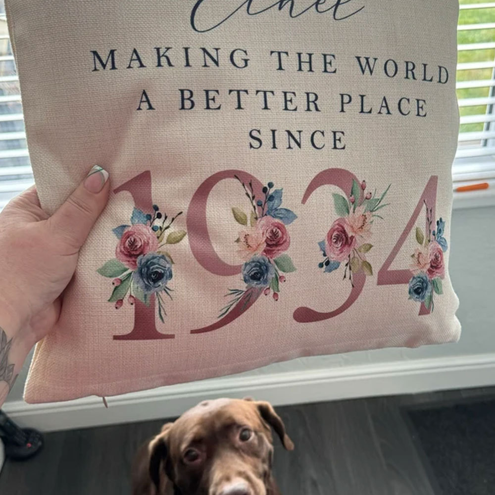 Custom 80th, 90th Birthday Cushion, Making the world a better...