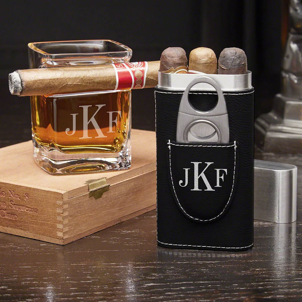 Personalized Cigar Glass and Cigar Case Set For Cigar Lovers