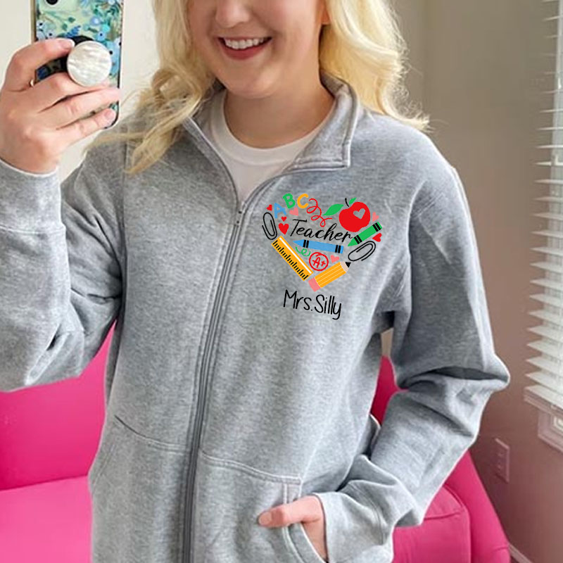 Favorite Teacher Heart Zip Pullover Sweatshirt