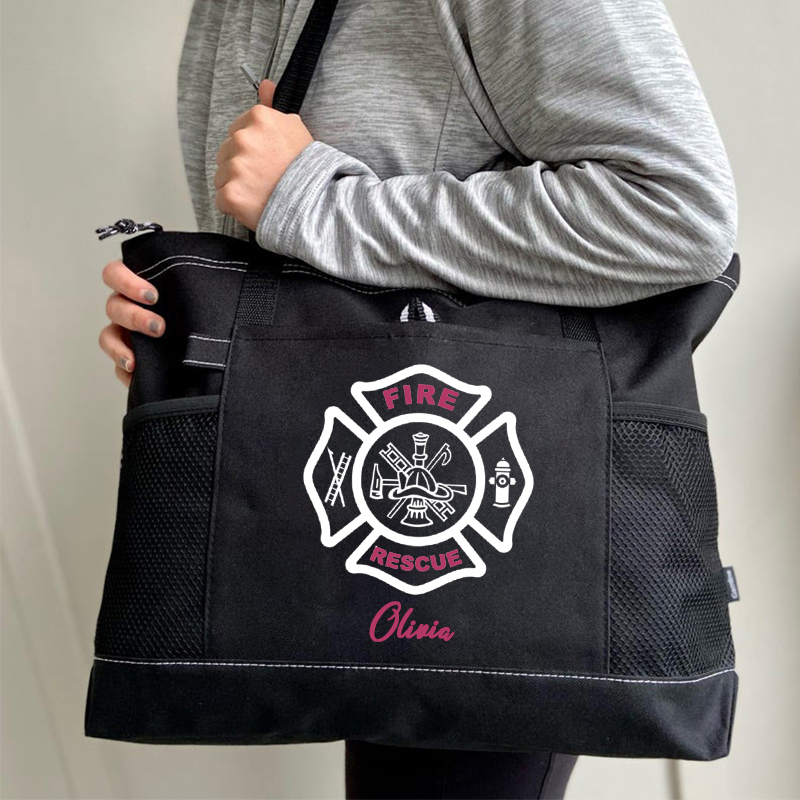 Custom Fire Rescue Emblem on Maltese Cross Firefighter Tote Bag