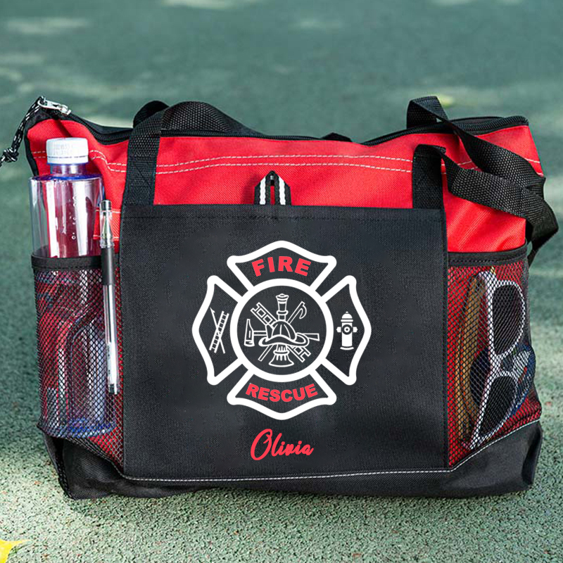 Custom Fire Rescue Emblem on Maltese Cross Firefighter Tote Bag