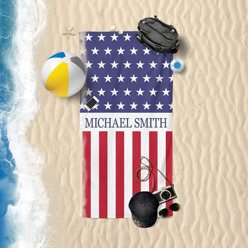 US Flag Personalized Beach Towel, Personalized Name Bath Towel