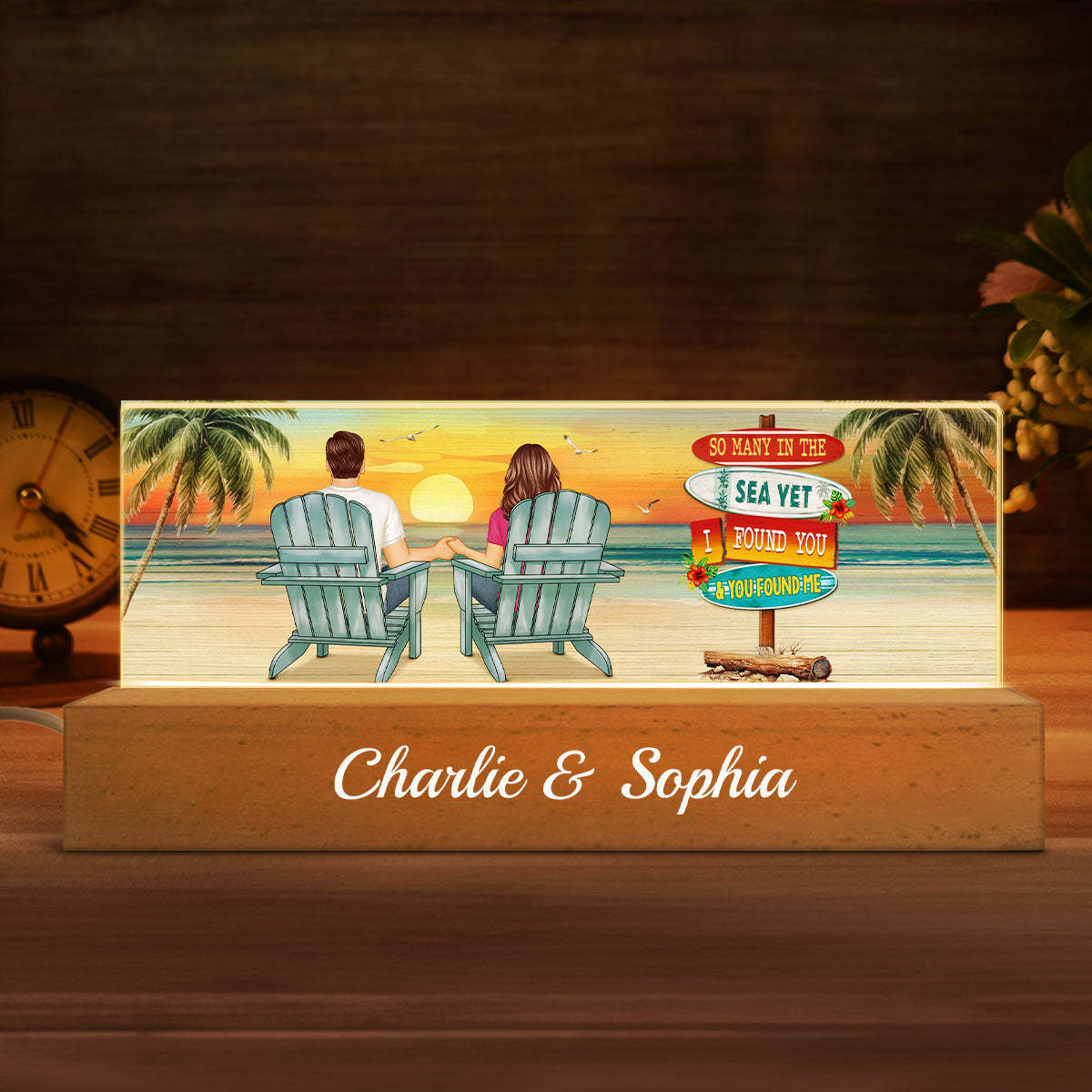 Couple Sitting Be Happy Personalized Acrylic Block LED Night Light Anniversary Gift