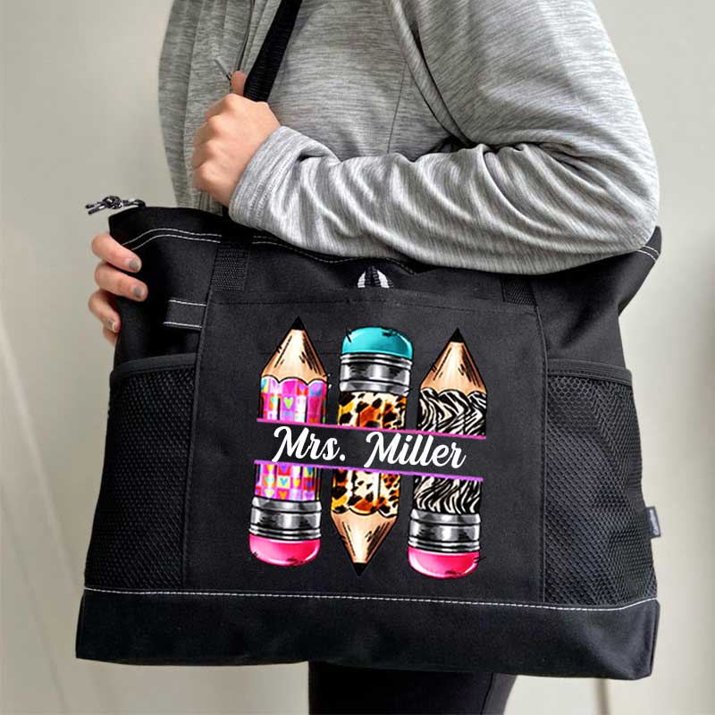 Personalized Pencils Name Teacher Tote Bag, Teacher Appreciation Tote