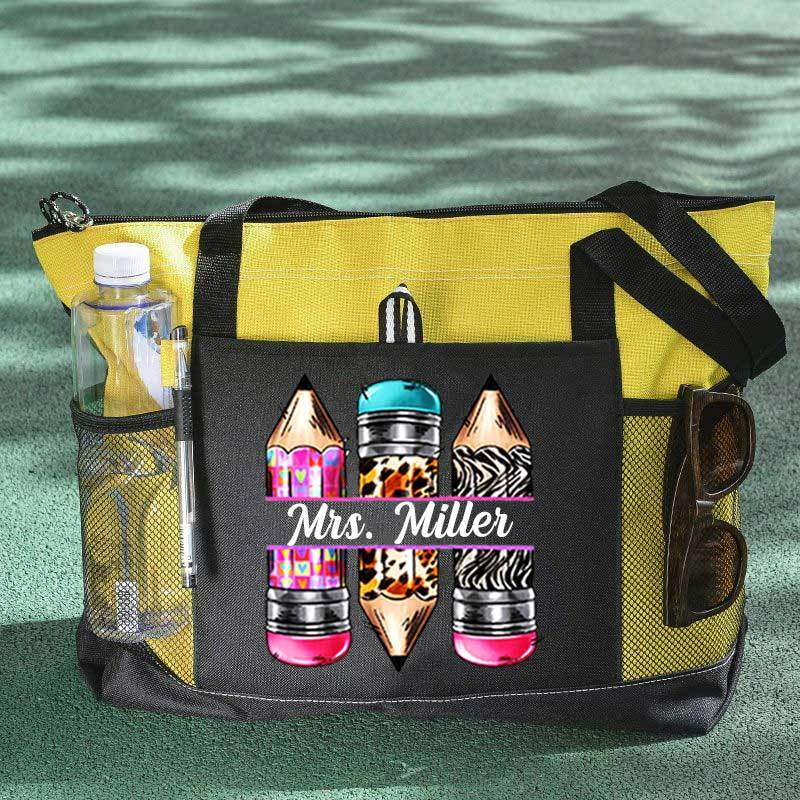 Personalized Pencils Name Teacher Tote Bag, Teacher Appreciation Tote
