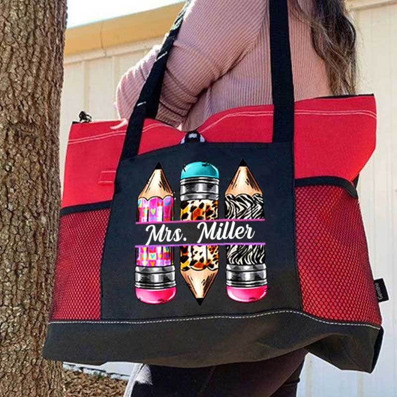 Personalized Pencils Name Teacher Tote Bag, Teacher Appreciation Tote