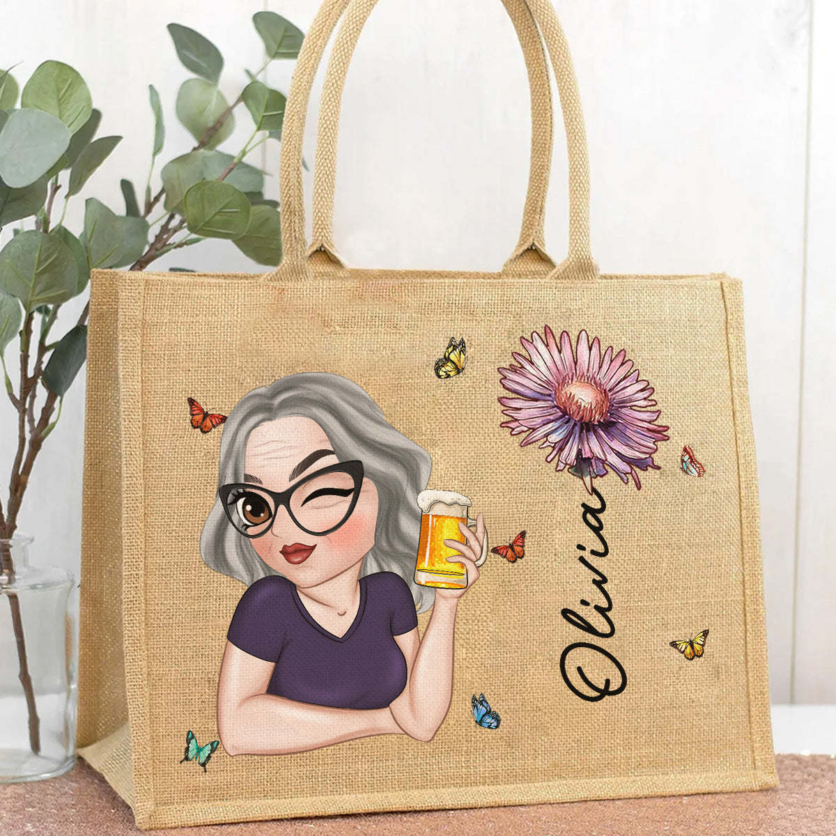 Personalized Custom Jute Tote Bag Holiday Time