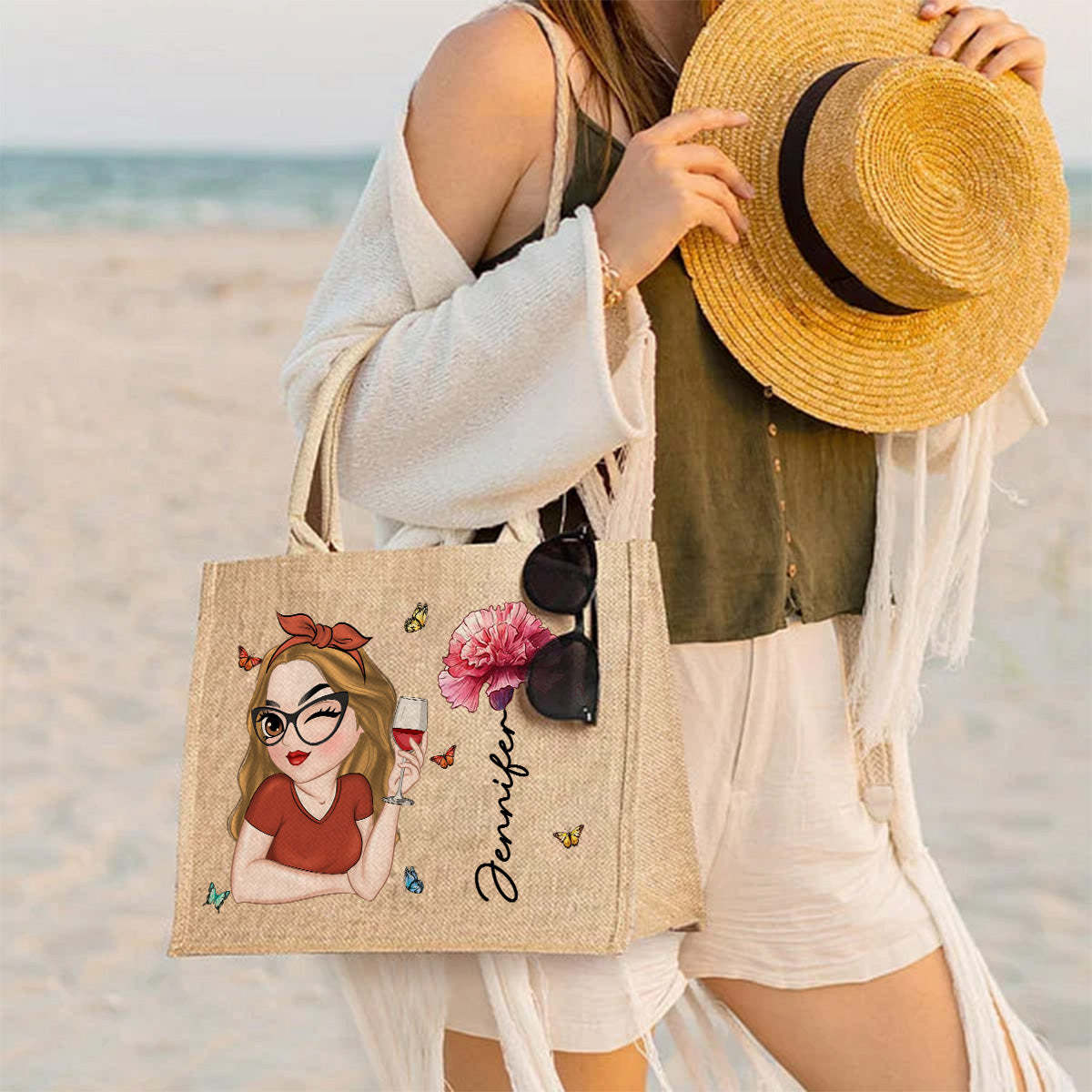 Personalized Custom Jute Tote Bag Holiday Time