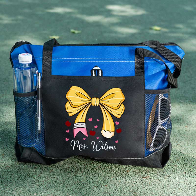 Custom Teacher Name Tote Bag, Pencil Bow Bag, Back to School Gift
