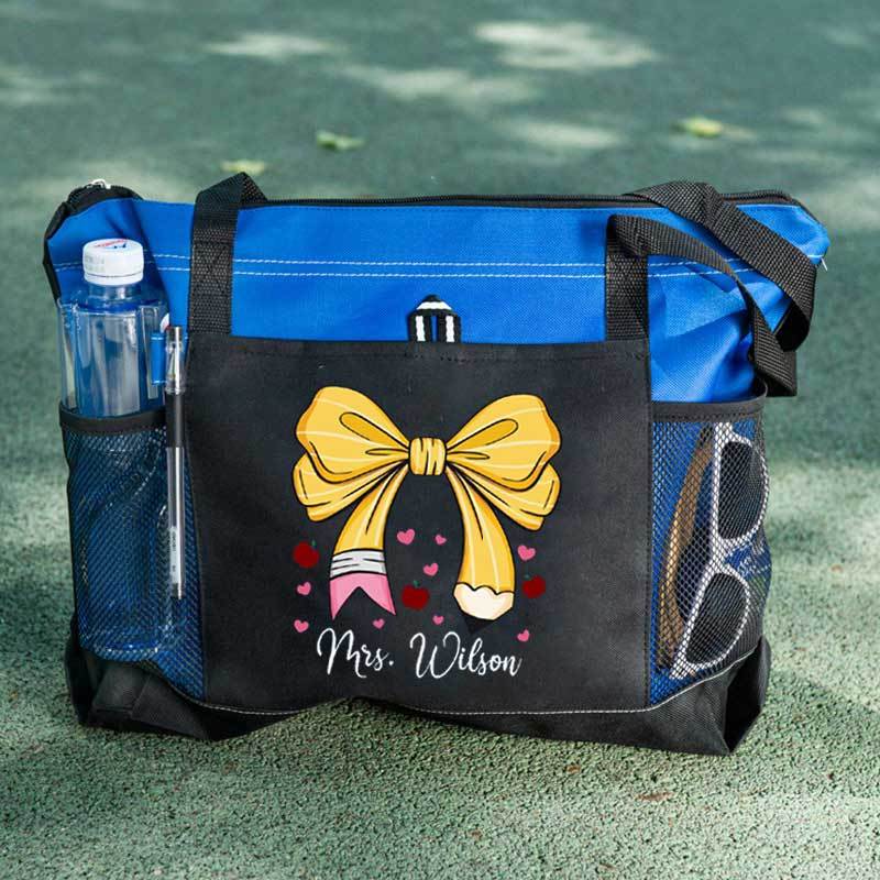 Custom Teacher Name Tote Bag, Pencil Bow Bag, Back to School Gift