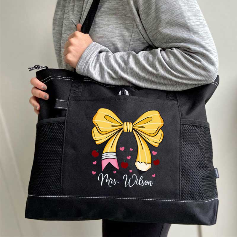 Custom Teacher Name Tote Bag, Pencil Bow Bag, Back to School Gift