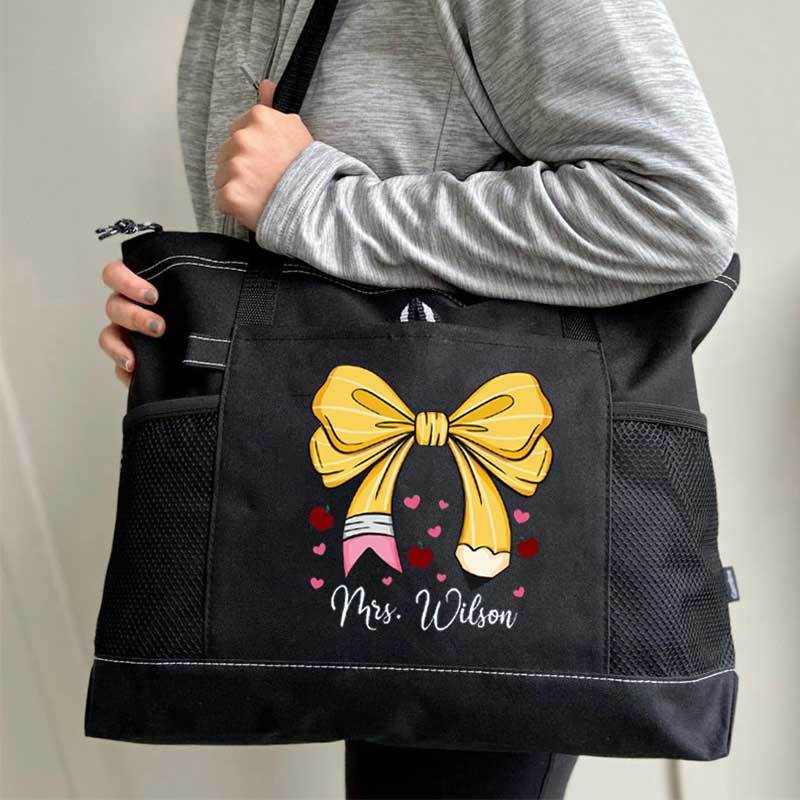 Custom Teacher Name Tote Bag, Pencil Bow Bag, Back to School Gift