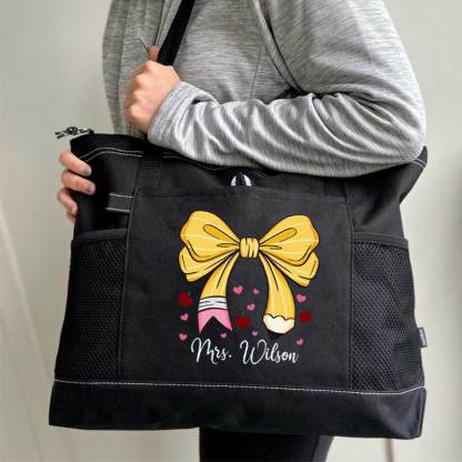 Custom Teacher Name Tote Bag, Pencil Bow Bag, Back to School Gift