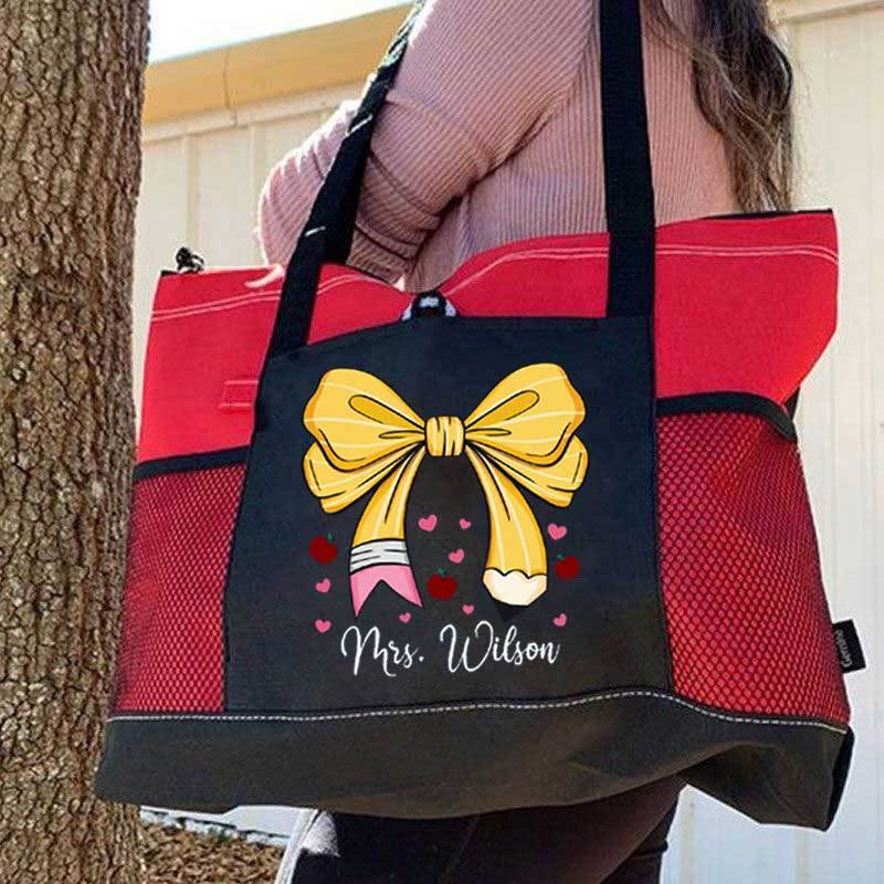 Custom Teacher Name Tote Bag, Pencil Bow Bag, Back to School Gift