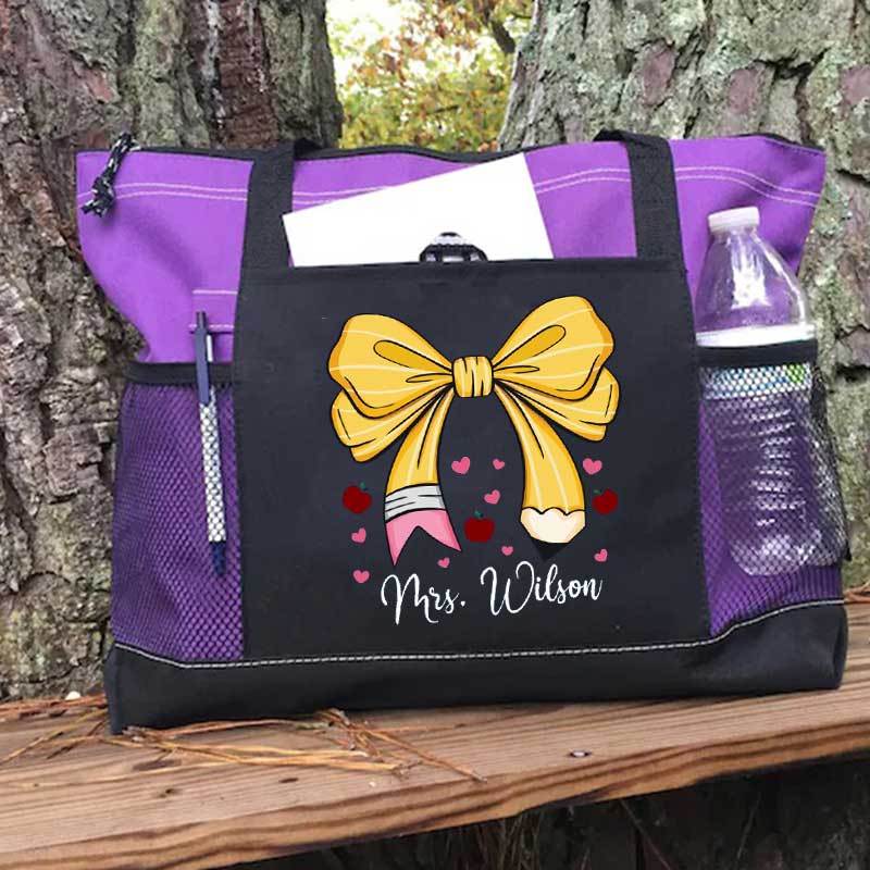 Custom Teacher Name Tote Bag, Pencil Bow Bag, Back to School Gift