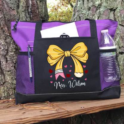 Custom Teacher Name Tote Bag, Pencil Bow Bag, Back to School Gift