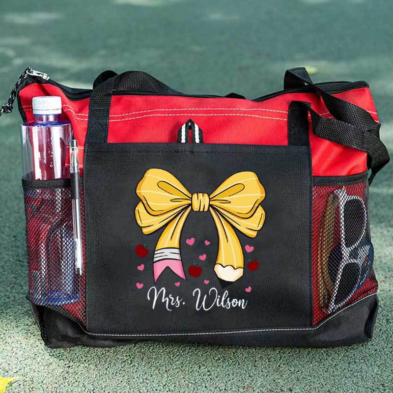 Custom Teacher Name Tote Bag, Pencil Bow Bag, Back to School Gift