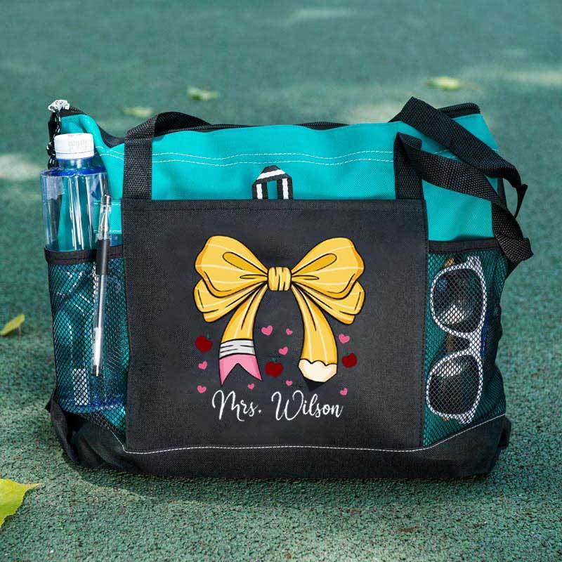 Custom Teacher Name Tote Bag, Pencil Bow Bag, Back to School Gift