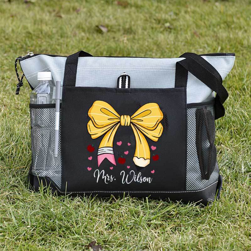 Custom Teacher Name Tote Bag, Pencil Bow Bag, Back to School Gift