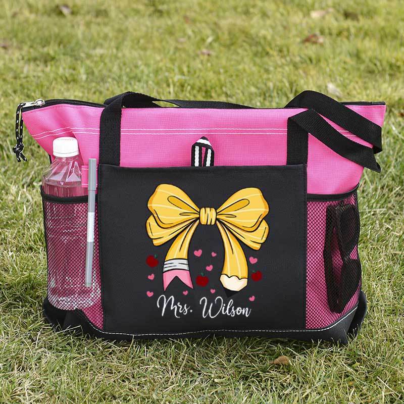 Custom Teacher Name Tote Bag, Pencil Bow Bag, Back to School Gift