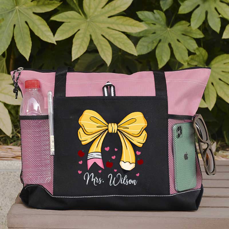 Custom Teacher Name Tote Bag, Pencil Bow Bag, Back to School Gift