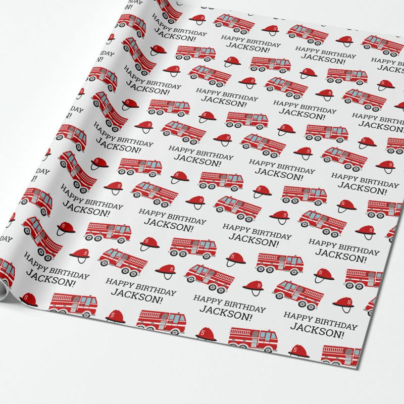 Red Fire Truck Fireman Personalized Birthday Wrapping Paper