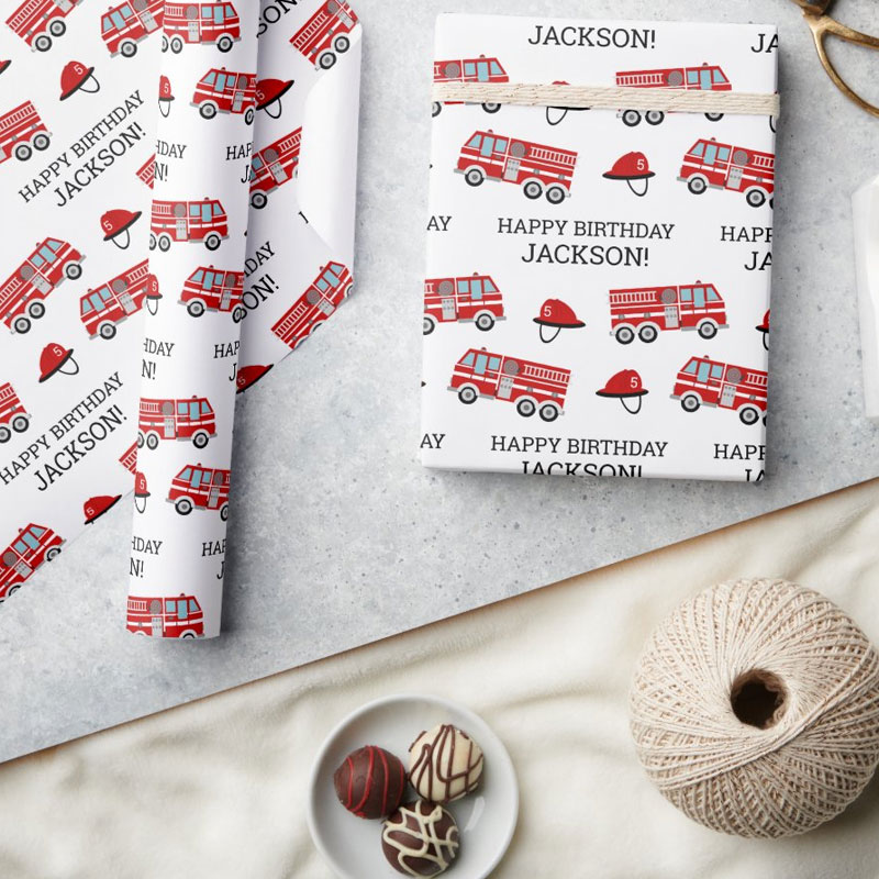 Red Fire Truck Fireman Personalized Birthday Wrapping Paper
