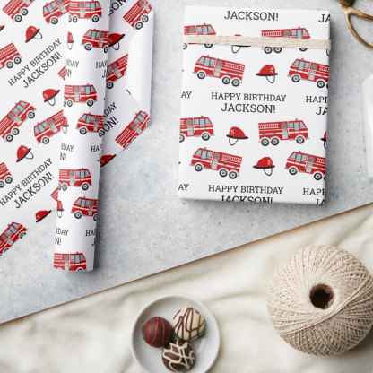 Red Fire Truck Fireman Personalized Birthday Wrapping Paper