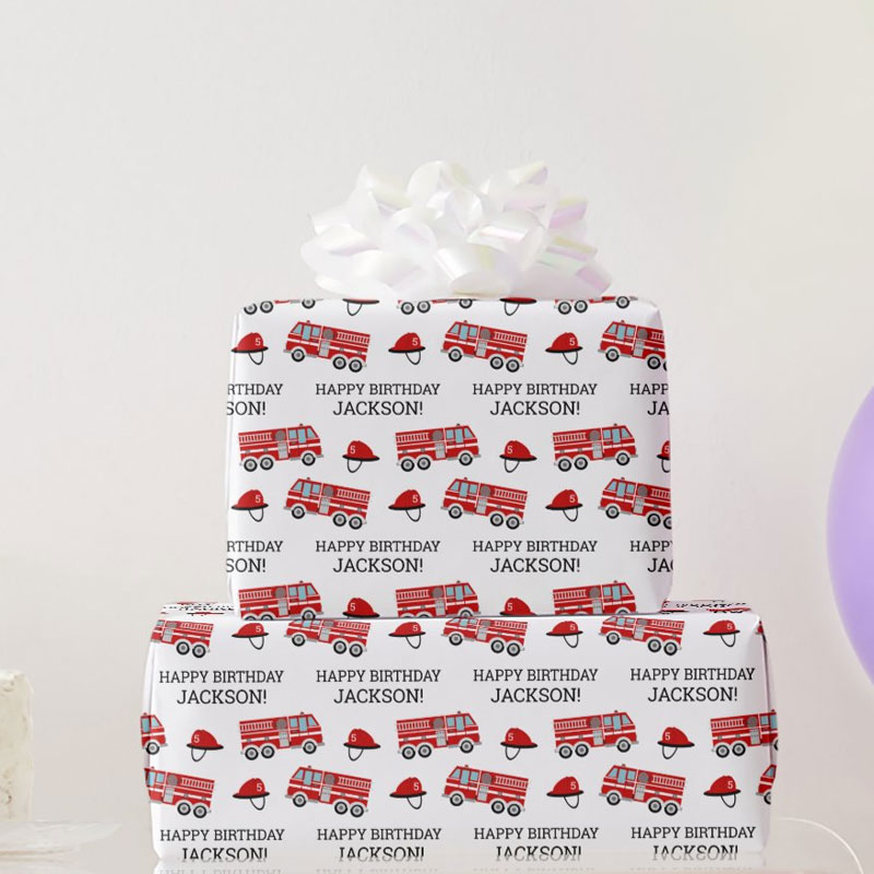 Red Fire Truck Fireman Personalized Birthday Wrapping Paper