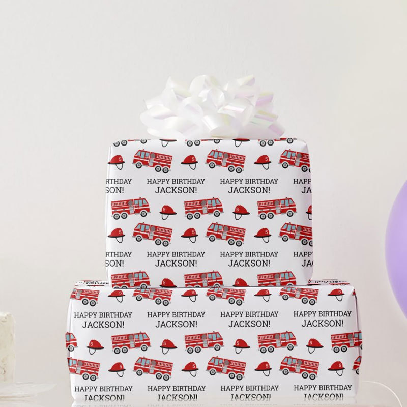 Red Fire Truck Fireman Personalized Birthday Wrapping Paper