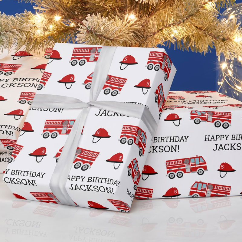 Red Fire Truck Fireman Personalized Birthday Wrapping Paper