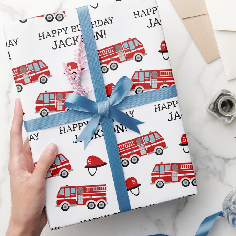 Red Fire Truck Fireman Personalized Birthday Wrapping Paper