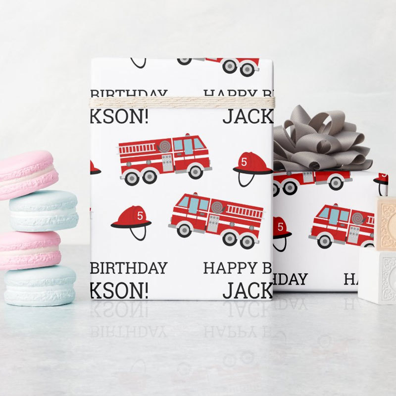 Red Fire Truck Fireman Personalized Birthday Wrapping Paper