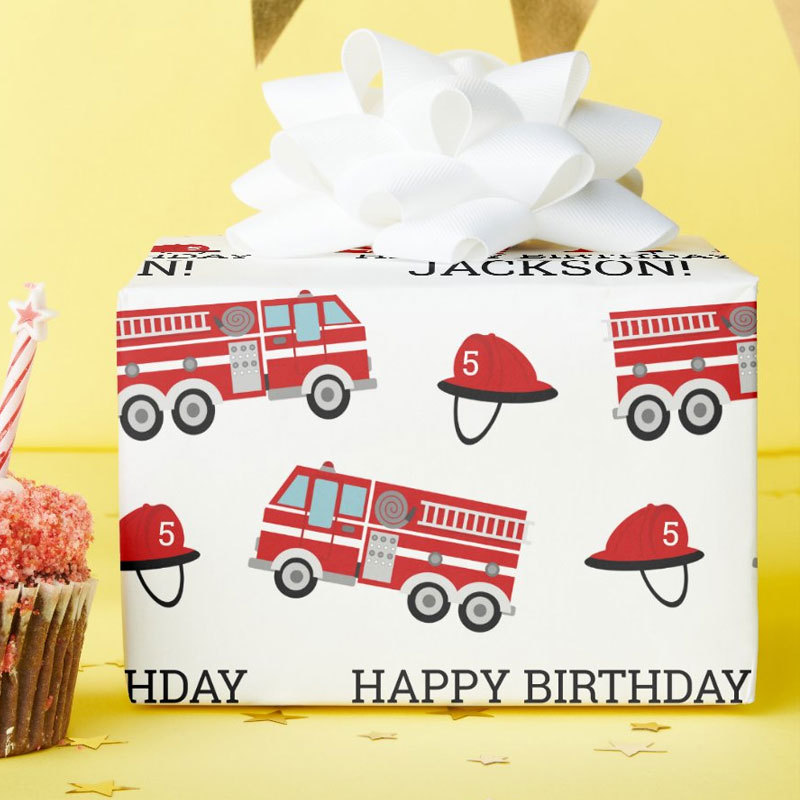 Red Fire Truck Fireman Personalized Birthday Wrapping Paper