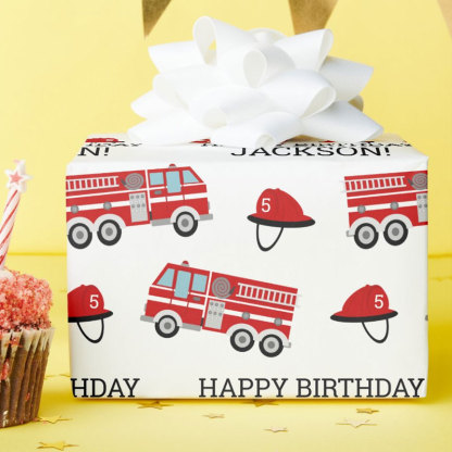 Red Fire Truck Fireman Personalized Birthday Wrapping Paper